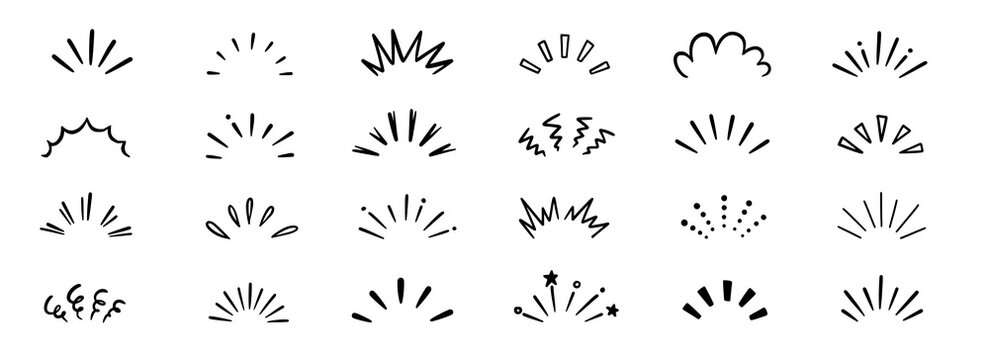 Hand drawn line art bursts with surprise rays and sparkles. Doodle hand drawn starburst icons shine bright. Surprise shapes for comic effects, manga splash, cartoon decorations. Vector illustration