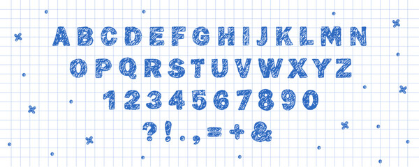 English alphabet crayon. Playful crayon font. Childlike scribble texture for fun designs and educational projects for children and kindergarten. Vector illustration.