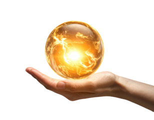 Hand holds a glowing, orb of energy against a stark black background