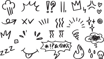 Set of Hand drawn doodle expression sign for concept design isolated on line art black and white vector art 