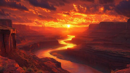 Fiery sunset over a winding canyon river