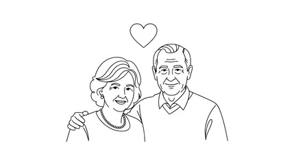 Elderly couple smiling, man with arm around woman, close pose with a heart floating overhead always