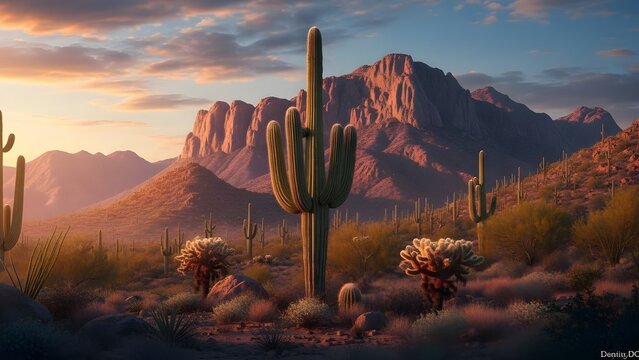 Desert landscape with cactus and mountains at sunset