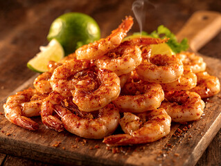 Spicy garlic butter shrimp pile on wooden board. Grilled prawns appetizer with chili flakes and fresh lime wedges. Rustic seafood photography.