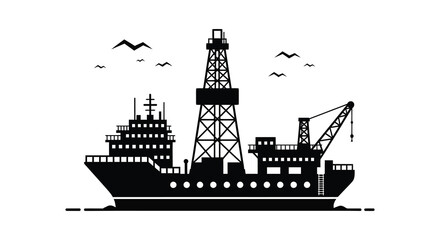 A striking black and white illustration depicts an oil rig and ship a bold silhouette © AL-AMIN