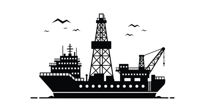 A striking black and white illustration depicts an oil rig and ship a bold silhouette
