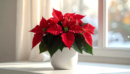 Poinsettia plant with vibrant red bracts in a modern white pot