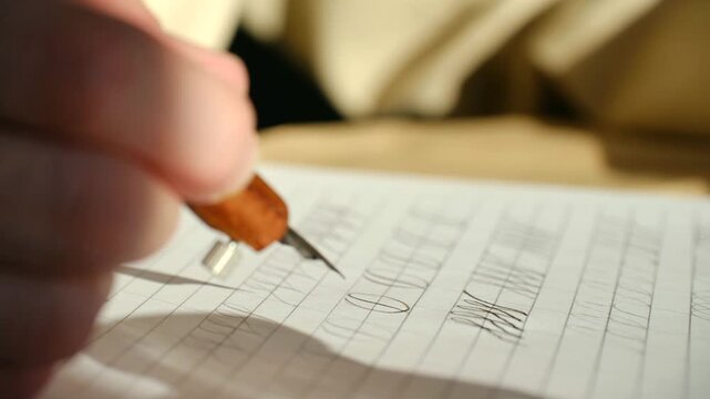Close up view hand practicing calligraphy exercises on squared paper with a traditional dip pen and ink, creating beautiful strokes and flourishes under a warm, natural light