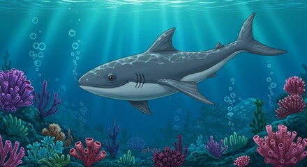 Fototapeta premium きらめく陽光が深く差し込む透明な青い海中を悠然と泳ぐ可愛いサメ 鮮やかな色とりどりのサンゴ礁と舞い上がる泡が彩る幻想的な水中イラストレーション. AI Generated