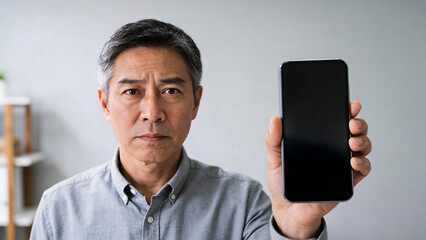 スマートフォンの画面をこちらに見せるシリアスな表情の中年男性