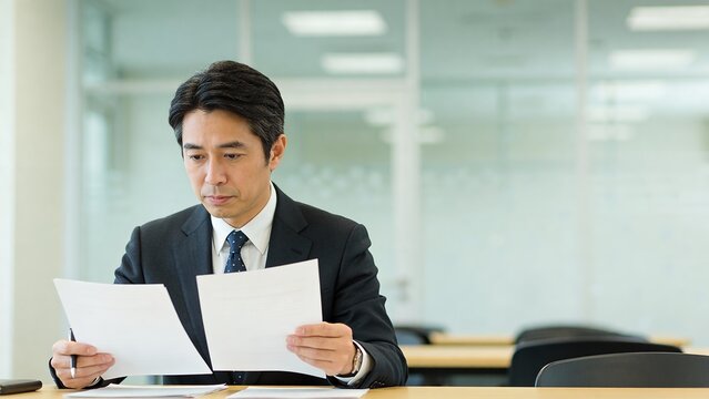 書類に目を通す真剣な表情のビジネスマン