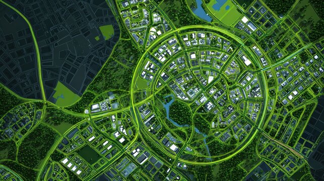 High resolution satellite style of new industrial park showing optimized circular roadways and green buffer zones perfect for eco industrial planning and efficient logistics concept for development.