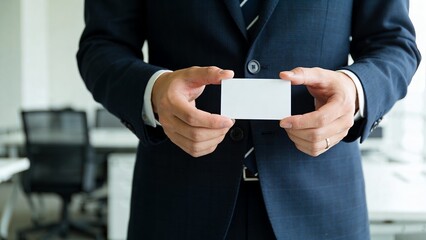 白いメッセージカードを両手で持つビジネスマンの手元