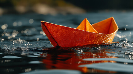Fototapeta premium Paper Boat Sailing: An eye-level shot captures a bright, orange paper boat gracefully navigating through ripples of water, with reflections adding to its charm. It's a nostalgic, minimalist scene.
