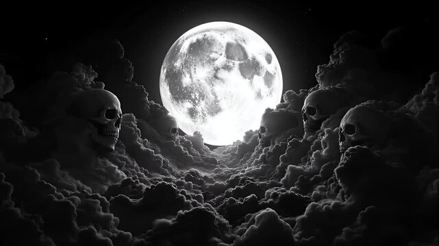 Spooky night dark Halloween whit full moon and skeleton cloud