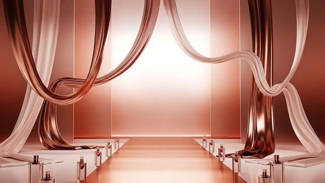 Fashion Stage Elegance: A luxurious fashion stage with flowing, rich fabric drapes and a runway invites dreams and fashion events. The image has a metallic hue. 
