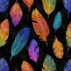 The image is a repeating pattern featuring colorful feathers against a dark, possibly black or charcoal, background