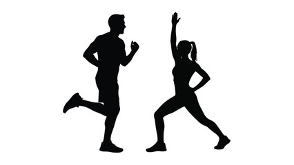 Silhouettes of a man jogging and a woman lunging with raised arm against a white background together