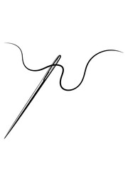 Sewing Needle with Black Thread on White Background