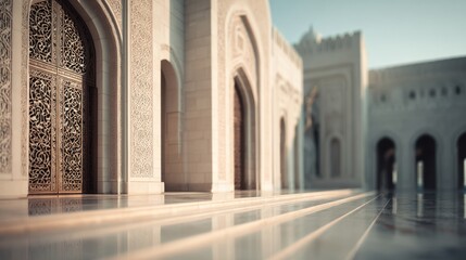 Ornate Islamic architecture featuring patterned doors and reflective floors under a bright sky