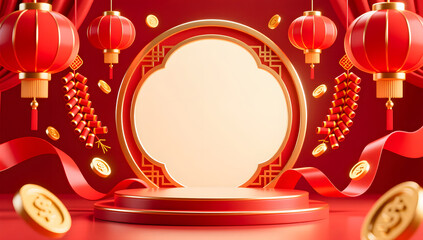 Circular festive stage with lanterns and firecrackers