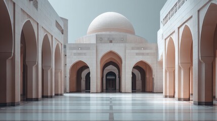 Grand mosque with large dome and symmetrical arcades illuminated by soft light