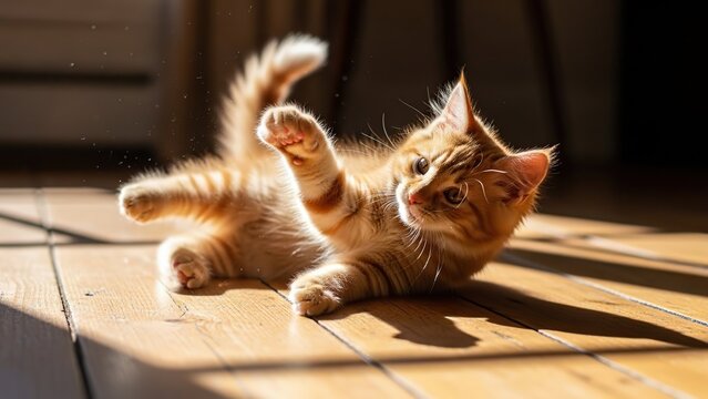 Sweet adorable playful ginger tabby kitten making a dusty mess on sunny wooden floor