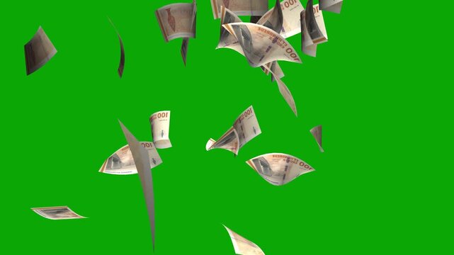 Flying 100 Danish Krone Banknote Falling in Air Isolated on Green Screen Money Concept