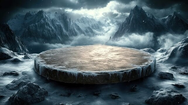 Frozen circular platform atop snowy mountain range - Powered by Adobe