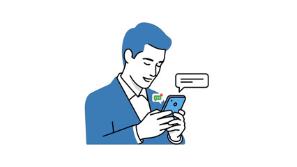 Man in Suit Texting on Smartphone with Speech Bubble Icon.