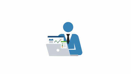 Business professional with laptop and financial charts.