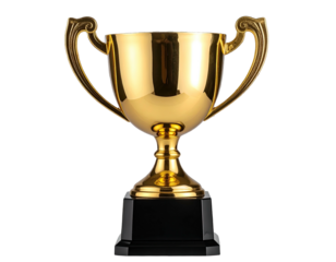 A golden trophy with a black base, isolated on a black backdrop