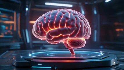 A glowing, futuristic human brain model displayed on a high-tech platform in a dark, advanced laboratory setting. - Powered by Adobe