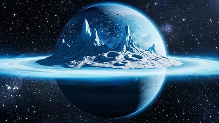 A large blue planet with icy mountains and a glowing ring floats in space against a starry background in a futuristic space cartoon scene. - Powered by Adobe