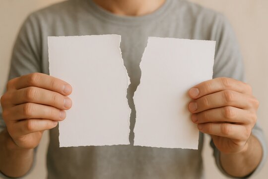Torn Apart: A person's hands delicately rip a blank paper apart, symbolizing separation, conflict, or the end of something. A poignant visual representing breaking points, farewells.