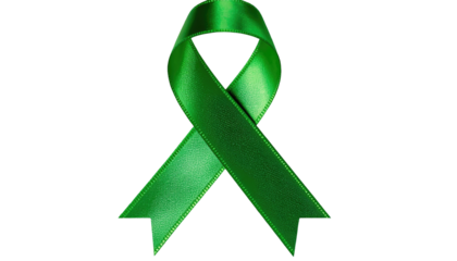 Shiny green ribbon, symbol of awareness, on black background