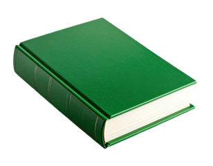 A closed, leather-bound book with green cover and gold trim detail