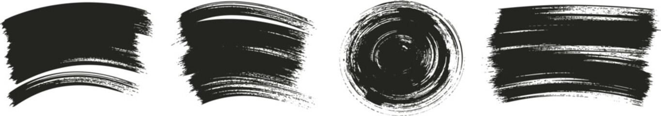 Set of four black, hand drawn ink brush strokes, and textured paint smears vector illustration