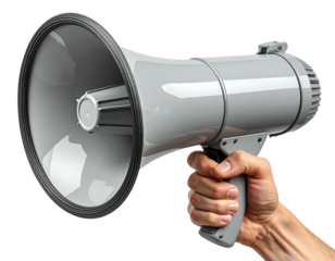 A grey megaphone held by a hand against a black background