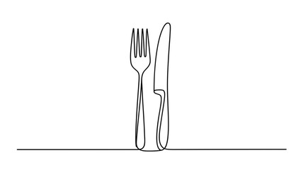 Minimalist One Line Drawing of Fork and Knife