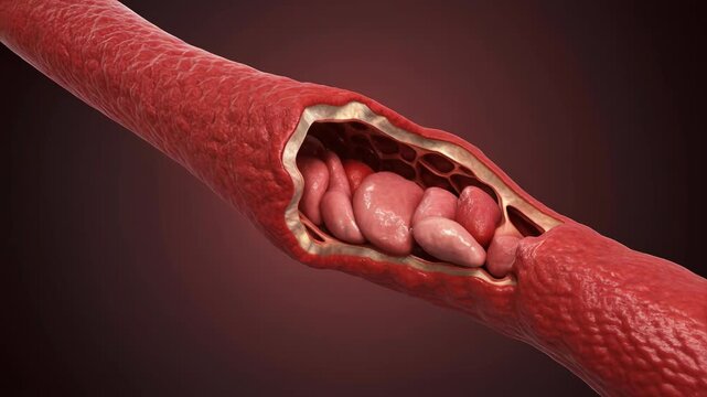 Microscopic view of blood cells flowing through a narrow blood vessel with pulsating movement showcasing the circulatory system's dynamic nature