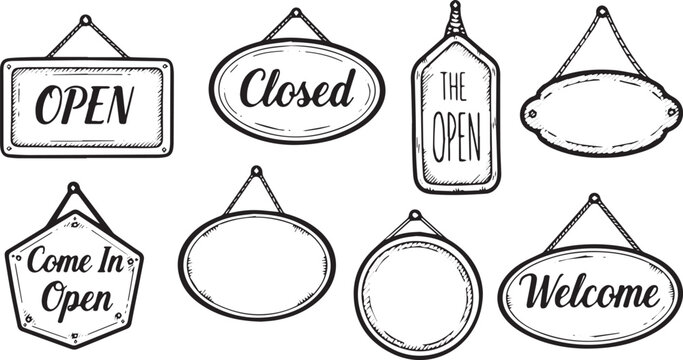 Collection of HandDrawn Open and Closed Signs with Blank Templates.