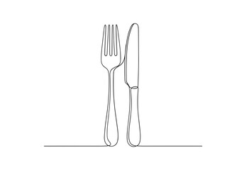 Minimalist One Line Drawing of Fork and Knife Cutlery Vector