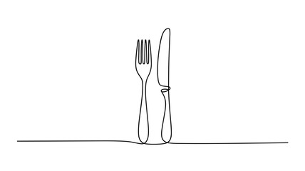 Minimalist One Line Drawing of Fork and Knife Cutlery