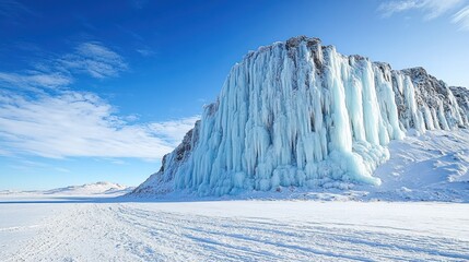 Frozen waterfall cascading down icy cliff, vast snowy plain