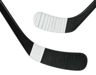 Two angled, black hockey sticks, showcasing blade and tape