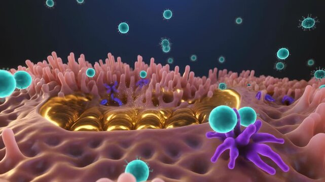 Microscopic view of intestinal villi with viruses and immune cells fighting infection on the gut lining illustration
