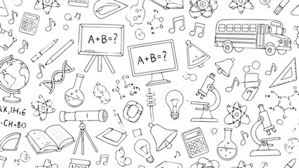 Educational Doodle Pattern with School Supplies and Scientific Icons.