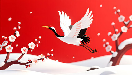 Fototapeta premium A graceful crane gliding over snowy plum blossoms