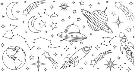 Hand drawn space elements collection with planets rockets and stars. © traphics